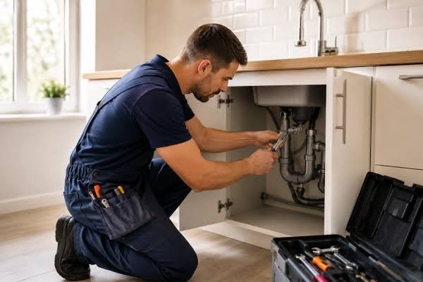 Fontanero en Madrid revisando la instalación bajo el fregadero de una cocina