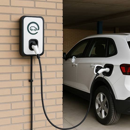 Cargador de pared instalado junto a un coche eléctrico
