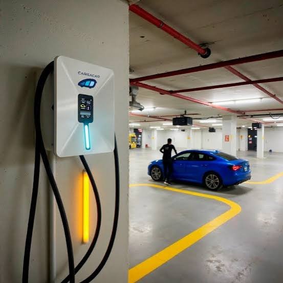 Punto de recarga de coche eléctrico en un garaje comunitario de Barcelona