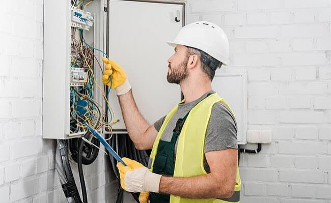 Electricista con chaleco revisando un cuadro de protecciones