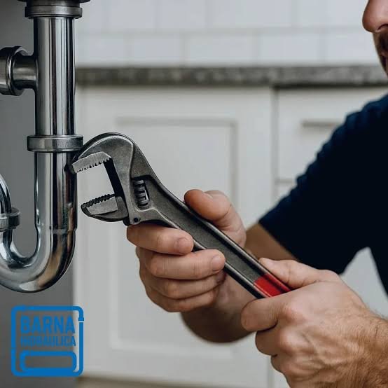 Fontanero ajustando el sifón de un lavabo con llave grifa