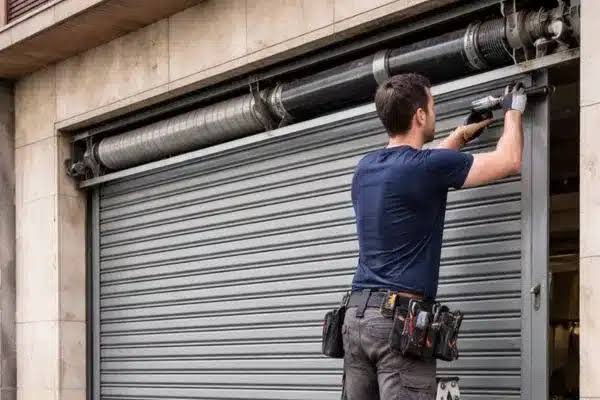Técnico revisando el eje de un cierre metálico en Barcelona